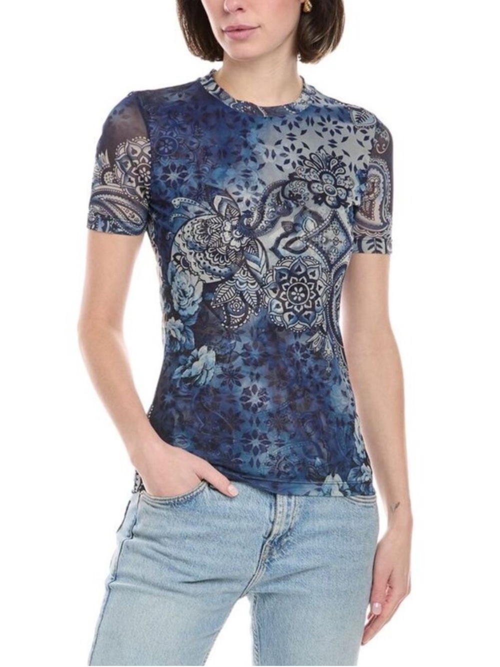 Johnny Was Jade Isobel Blue Printed Mesh Top Floral Paisley Sheer Tee NWT